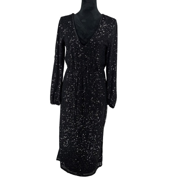 Betsey Johnson Dresses & Skirts - Betsey Johnson Black Sequin V Neck Long Sleeve Midi Dress Small
